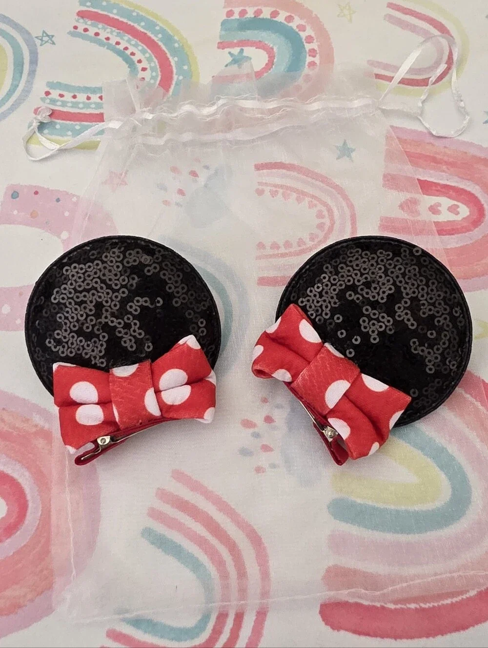 Minnie Mouse Black Sequin Hair Clips with Red Polka Dot Bows